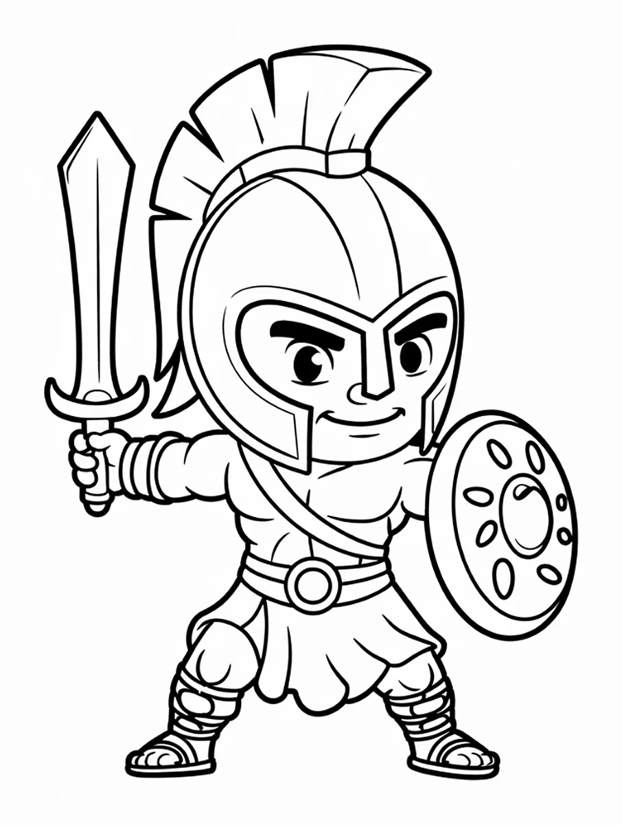 Ausmalbild: Griechischer Krieger mit Helmbusch, Schwert und rundem Schild in Kampfpose, im Chibi-Stil