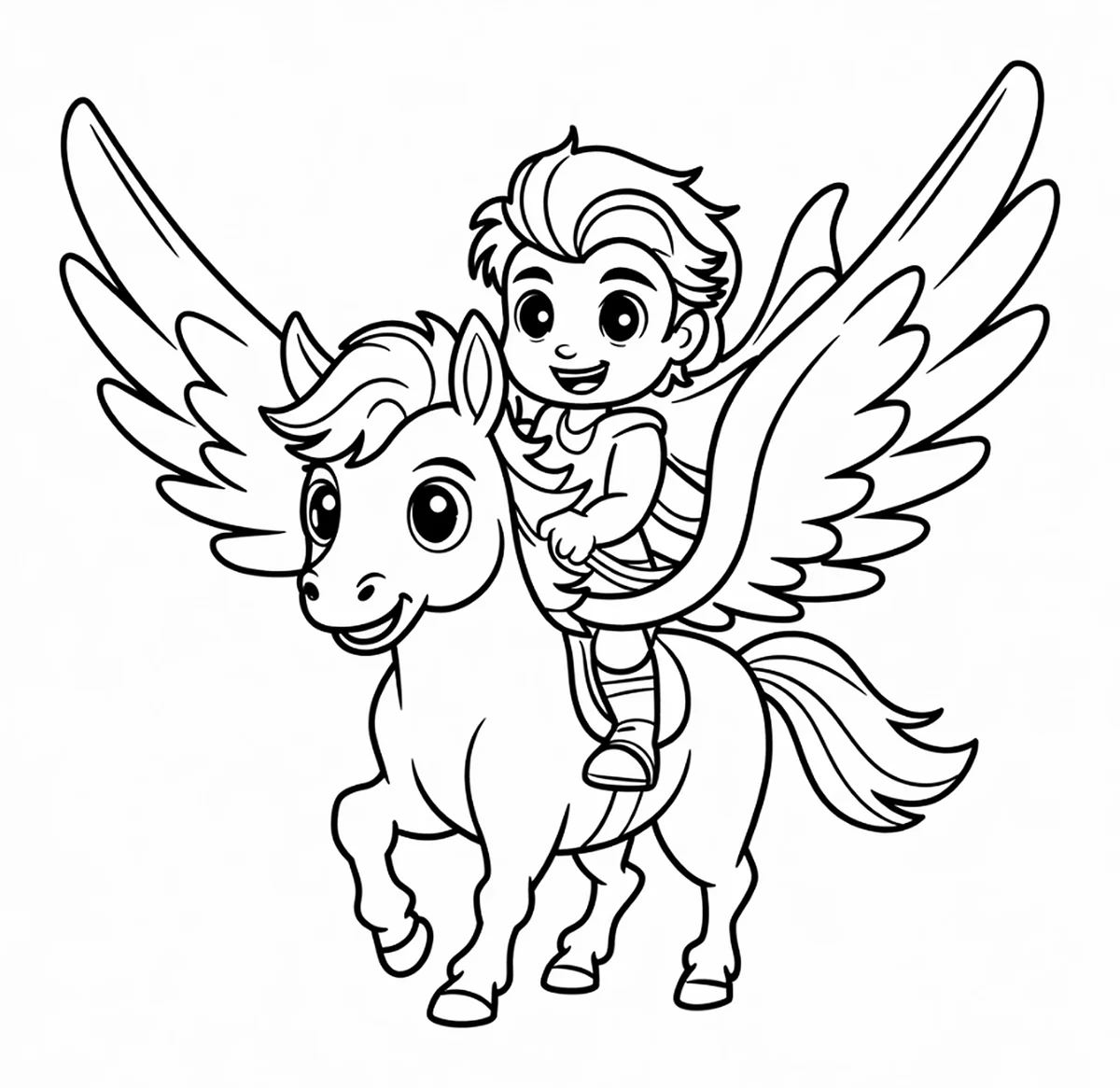 Ausmalbild: Ein fröhlicher junger Held reitet auf Pegasus, dem geflügelten Pferd der griechischen Sagen, im Chibi-Stil