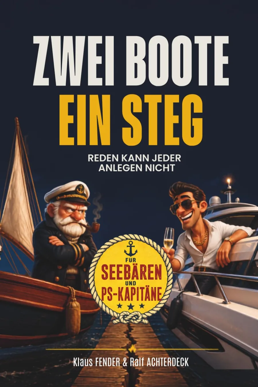 Buchcover von „Zwei Boote ein Steg“: Humorvolle Geschichten über Segler, Motorbootfahrer und das große Drama am Steg